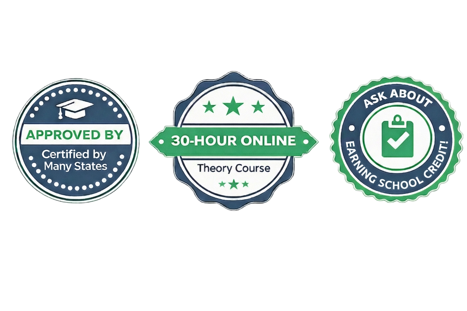 Trust badges: Approved by PA Dept of Education, 30-Hour Online Theory Course, Ask about earning school credit